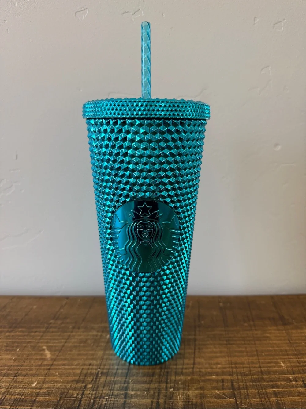 NEW Starbucks Summer 2023 metallic chrome teal blue studded bling tumbler 24oz